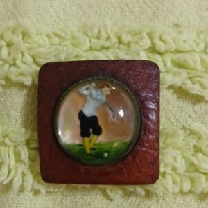 Vintage Reverse Painted Glass Cabochon, Golf Themed, housed On Embossed Leather